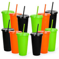Halloween Plastic Cups Set with Lids and Straws - 24 Oz Reusable Drinkware - Black, Orange, Green - 12 Pack