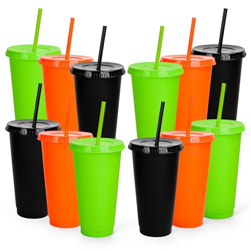 Halloween Plastic Cups Set with Lids and Straws - 24 Oz Reusable Drinkware - Black, Orange, Green - 12 Pack