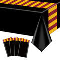 Disposable Wizard Tablecloth Set - Black Yellow Red Striped Party Covers, 4 Pcs