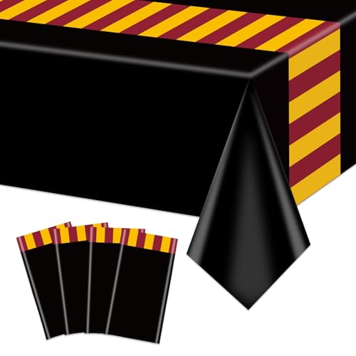 Disposable Wizard Tablecloth Set - Black Yellow Red Striped Party Covers, 4 Pcs