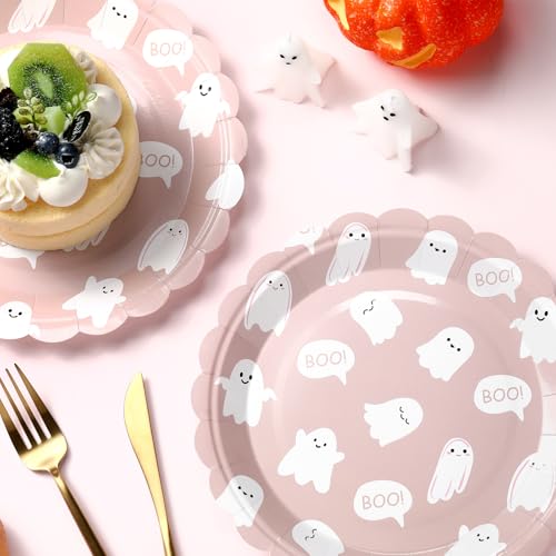 Pink Ghost Boo Halloween Disposable Plates 9 Inch - 100 Pack