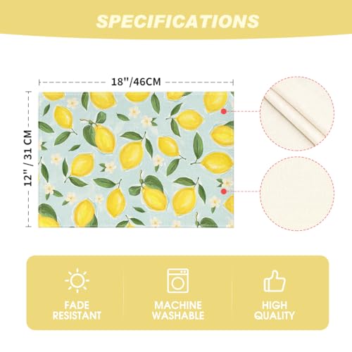 Blue Lemon Flower Floral Placemats Set of 4 - 12x18 Inch Summer Table Decor