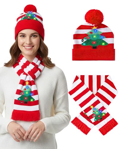 Xmas Tree Pattern Christmas Hat with Scarf Set - Santa Beanie & Knit Accessory for Holiday Party