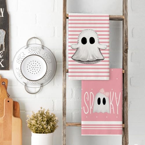 Pink Ghost Halloween Kitchen Towels Set of 4 - 18x26 Inch, Soft & Absorbent