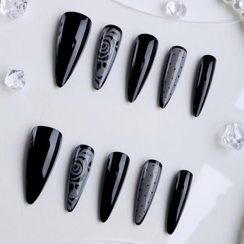 Press On Nails Long Black Embossed Flower Design - Variation Black 01, 24 Pcs