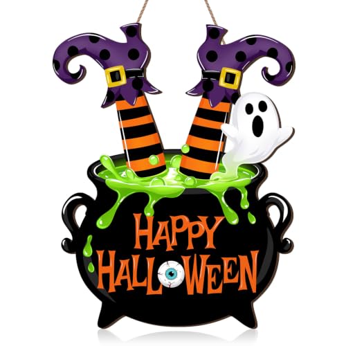 Halloween Witch Door Sign with Legs and Cauldron - Festive Wall Hanging Decor