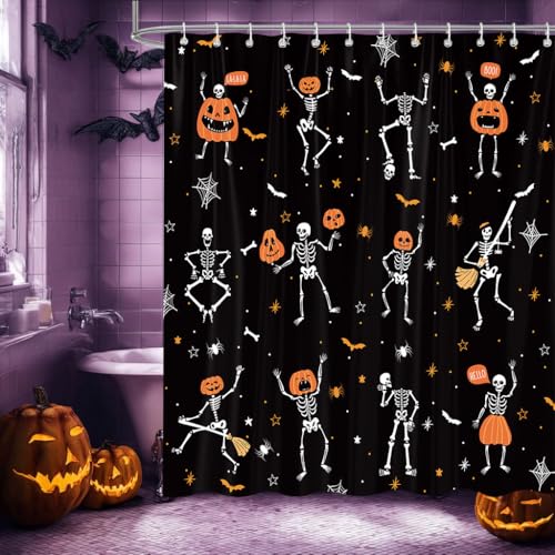 Funny Gothic Halloween Shower Curtain - Skeleton, Pumpkins, Black & White, Waterproof, 72x72 Inches with 12 Hooks - Kids Bathroom Decor