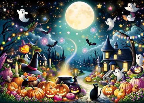 Halloween Cartoon Backdrop Full Moon Night Magic Cauldron Bat Forest Kids & Adults 8x6FT