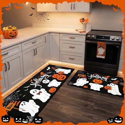 Halloween Ghost and Pumpkin Non-Slip Kitchen Rugs Set of 2 - 17x29 & 17x47 Inches