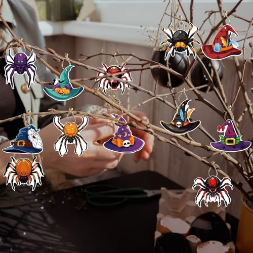 Halloween Hanging Ornaments Set - Witch Hat & Spider Decorations, Double-Sided Indoor Outdoor Decor