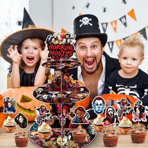 Halloween Cupcake Stand with Horror Scream Design and Toppers - 3 Tier Party Decor