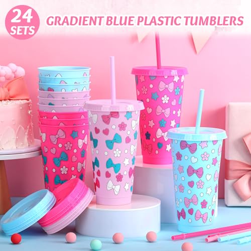 12-Pack Reusable Kitty Cat Plastic Tumbler Cups with Lids & Straws - 24 oz