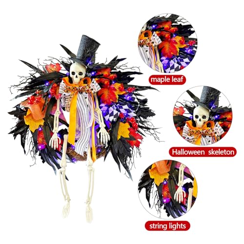 Halloween Skeleton Wreath for Front Door with Lights - 28 Inch Orange Variation