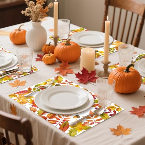 Yellow Maple Fall Plastic Placemats Set of 6 - Wipeable Autumn Table Decor 11x15.7 Inches