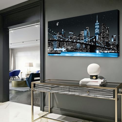 Night View Canvas Wall Art - New York Manhattan Brooklyn Bridge 48x24 Inches Blue Cityscape Framed
