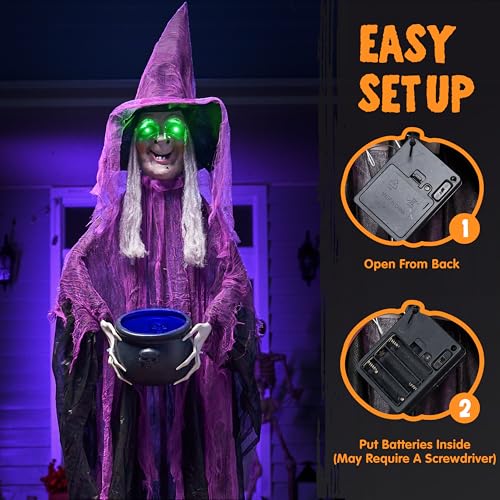 Fuchsia Halloween Standing Witch with Cauldron - Scary Ghost Decor with Sound & Lights