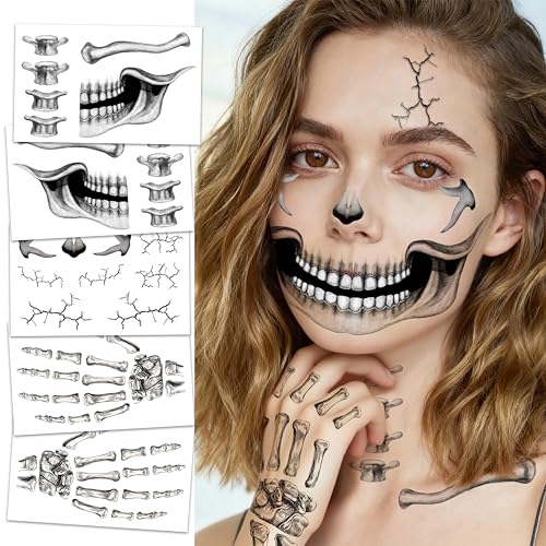 Skeleton Face Tattoo Set – 5 Temporary Halloween Skeleton Tattoos for Men & Women – Skeleton Face Tatto Variation