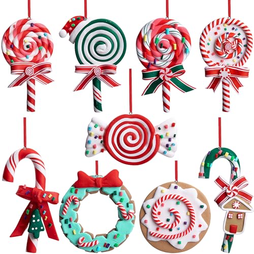 Christmas Lollipop Ornaments Set - 9 Polymer Clay Candy Decorations for Tree & Holiday Decor