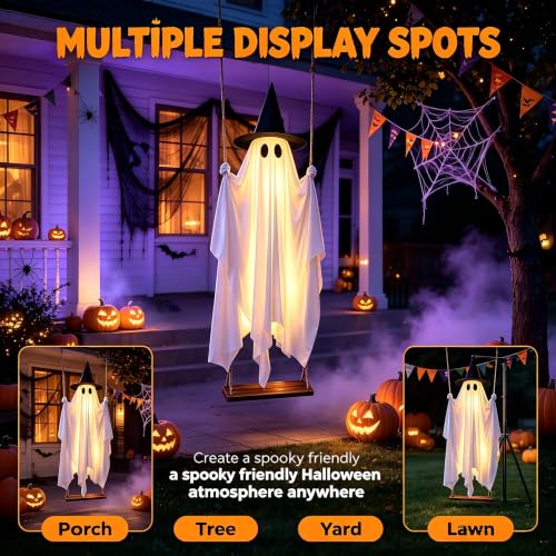 5ft Halloween Hanging Ghost Swing with Lights Outdoor Decor