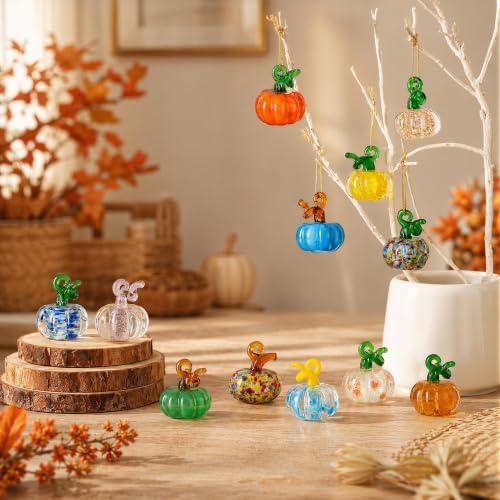 12pcs Fall Tree Ornaments - Hand-Blown Glass Pumpkins for Halloween & Thanksgiving - Pumpkin Hanging Decor