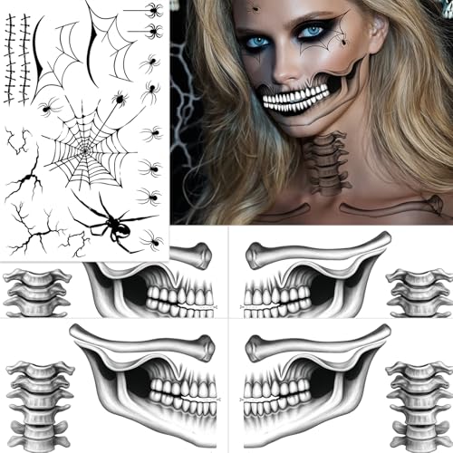 Skeleton Face Tattoo Kit for Halloween Costume Makeup - 2 Pairs of Temporary Tattoos with Spider Design