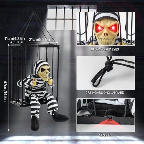 Scary Skeleton Cage Halloween Decor with Motion Sensor, Haunted House Prop