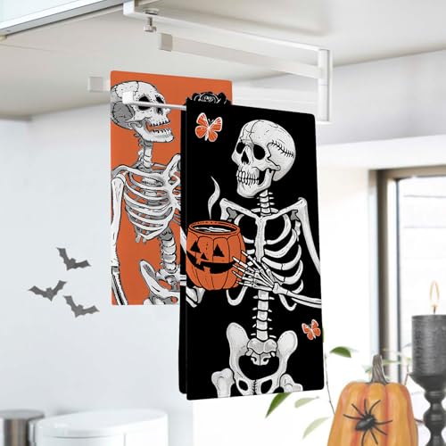 Halloween Gothic Skeleton Dish Towels Set of 2 - Skull Pattern Kitchen Decor