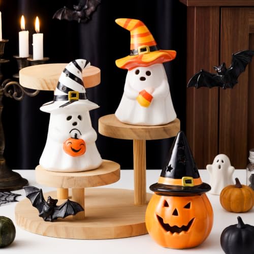 Halloween Ceramic Ghost Pumpkin Figurines with LED Lights - Indoor Decor Set
