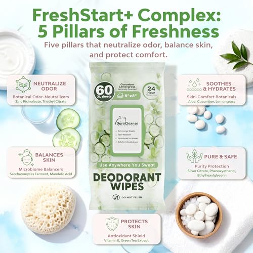Deodorant Wipes for Women - Freshening Body Towelettes for Post-Workout, Travel, and Daily Deodorizing - On-the-Go Fresh Scent Cleansing Wipes, 60 Count (1 Pack)
