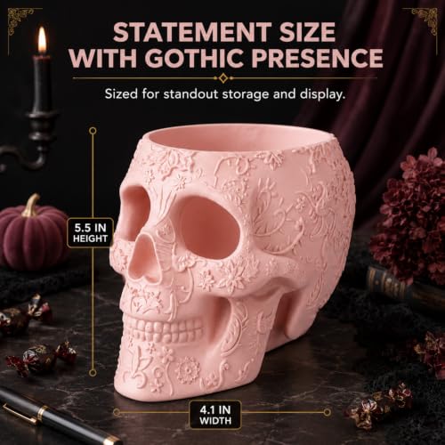 Pink Skull Makeup Brush Holder - Large Resin Pen & Vanity Organizer