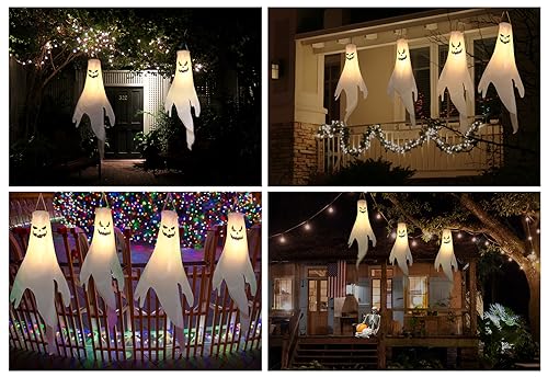Scary Style Halloween Ghost Windsocks for Trees - Waterproof LED Outdoor Decorations, 4 Pcs