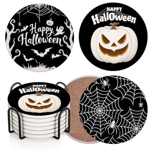 Halloween Coasters for Drinks Set of 6 Ceramic Stone with Cork Bottom & Holder - Black Variation