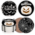 Halloween Coasters for Drinks Set of 6 Ceramic Stone with Cork Bottom & Holder - Black Variation
