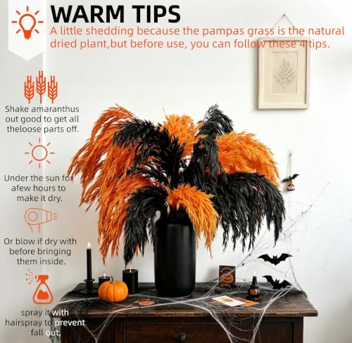 Black and Orange Pampas Grass for Halloween Decorations - 17 Inches