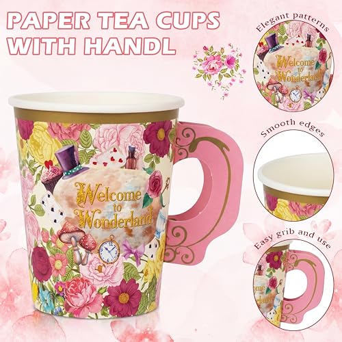 FillTouch Wonderland Paper Tea Cups and Saucers Set - 50 Pieces for Tea Party
