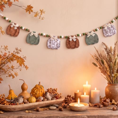 Fall Fabric Pumpkin Garland 8.2 ft - Orange, Green & Beige with Lace Bows