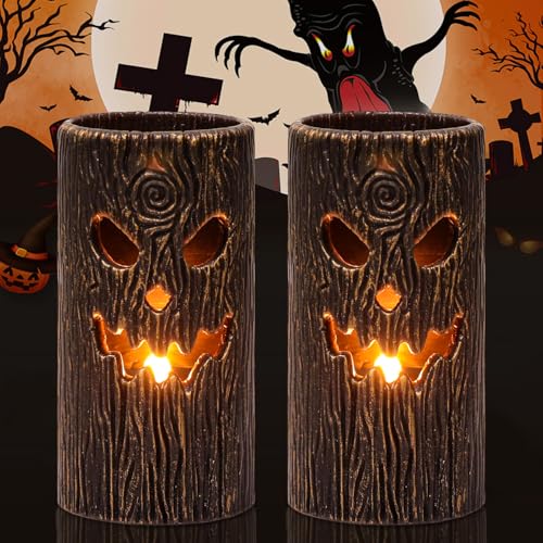 Halloween Flameless Candles 2PCS Ghost Tree Carved Pillar with Hollow Tree Variation