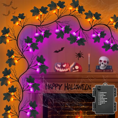 LED Willow Vine Garland with Orange and Purple Lights - 6 Ft Halloween Decor