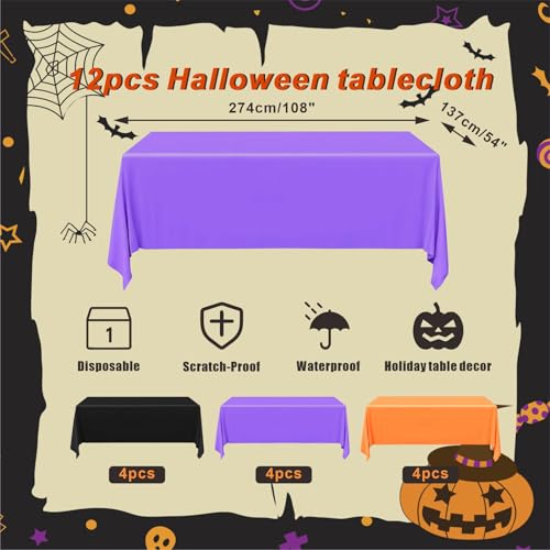 Halloween Disposable Plastic Tablecloth Set - Black, Purple, Orange, 54x108 Inches, 12 Pack