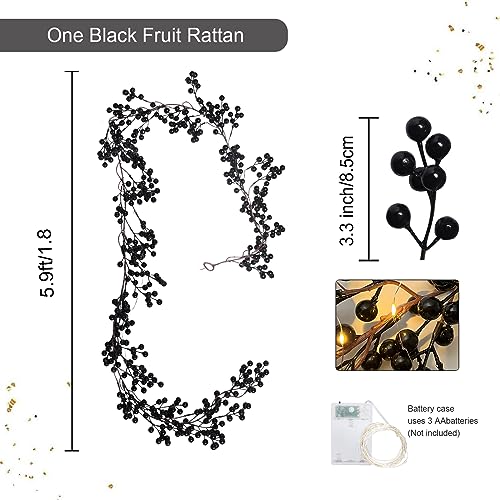 RECUTMS Black Berry Christmas Garland with Lights - Dark Christmas Decor, 5.9 ft, Flexible & Vivid Colors, Variation: Black with Lights