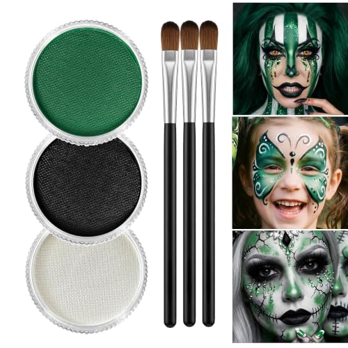 Halloween Face & Body Paint Kit - Black White Green Washable Zombie Makeup - Variation of Black+White+Green
