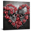 Gothic Skull and Roses Wall Art - Red Floral Heart Design, 20x20 Inch