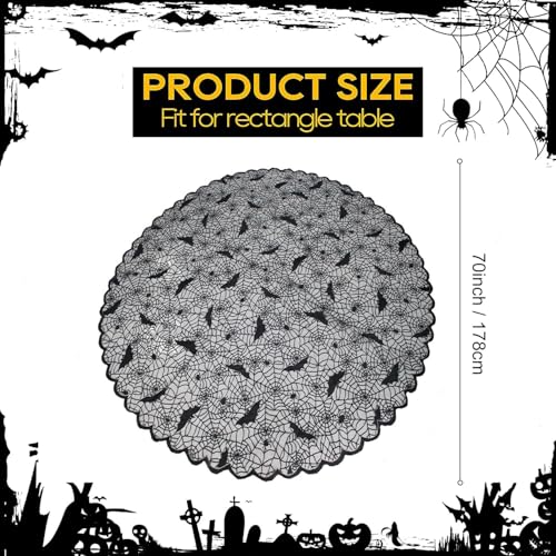 Halloween Spiderweb Tablecloth 70 Inch Round Black Bats Lace Cover for Parties