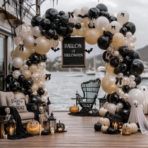 Black White Balloon Arch Kit - Double Stuffed Pearl White & Black Balloons with Bow - Wedding & Party Decorations