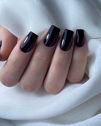 Black Square Press On Nails Medium Length - Fake Acrylic Manicure Tips with Glue Tabs