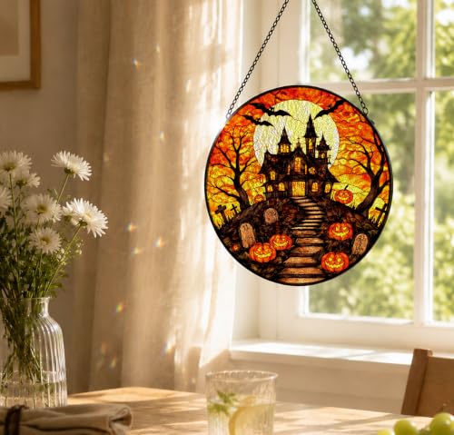 Haunted House Pumpkin Halloween Stained Glass Suncatcher - Color10