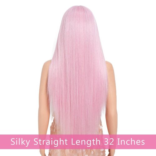 Style Icon 32-Inch Long Straight Wig Mid-Part Lace Front Silky Smooth Synthetic Pink Wig