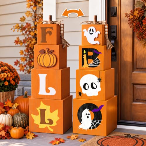 Halloween Porch Decor Set - Stacked Pumpkin and Ghost Boo Box with Wooden Crates - Fall Outdoor Decor - Variation of Pumpkin and Boo Ghost