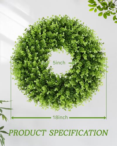 18 Inch Artificial Boxwood Wreath for Front Door Wall & Window Decor - Green Bow, All-Season Holiday Indoor Outdoor