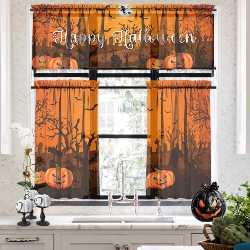 Halloween Spooky Kitchen Curtains Set - 3 Pieces, 54x18 Valance & Tier Panels, Pack of 3 - Ghosts Bats &